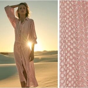 Zara Rose Pink Cream Eyelet Broderie Anglaise Cotton Midi Shirt Malina Dress L